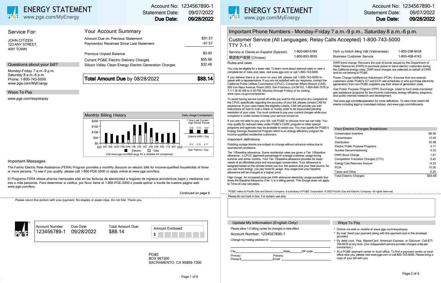 USA California PG&E (Pacific Gas and Electric Company) utility bill, Word and PDF template, 6 pages 1 2